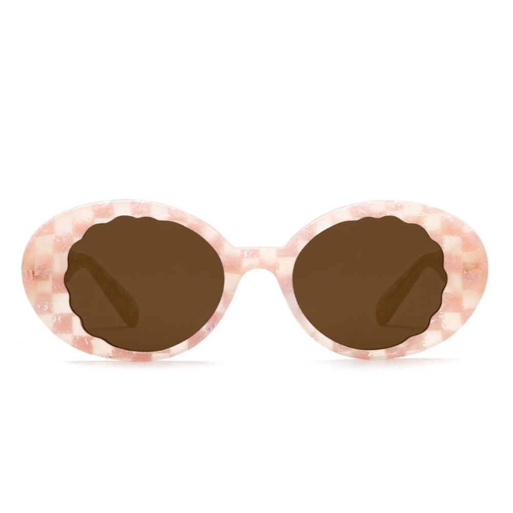 NWT KREWE Alixe Checkered Plaid Pink Oval Sunglasses, Retro 80's shape